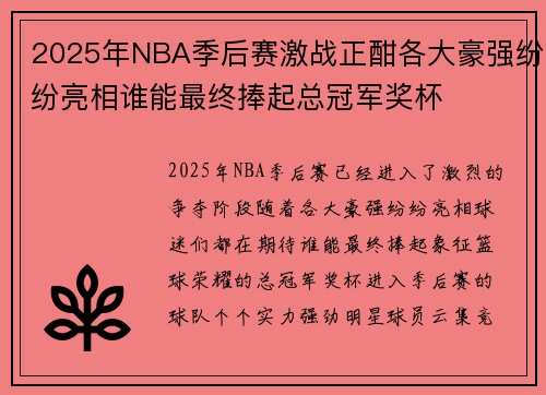 2025年NBA季后赛激战正酣各大豪强纷纷亮相谁能最终捧起总冠军奖杯