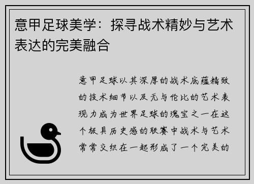 意甲足球美学：探寻战术精妙与艺术表达的完美融合