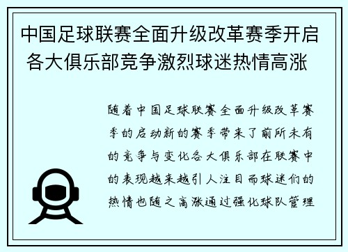 中国足球联赛全面升级改革赛季开启 各大俱乐部竞争激烈球迷热情高涨