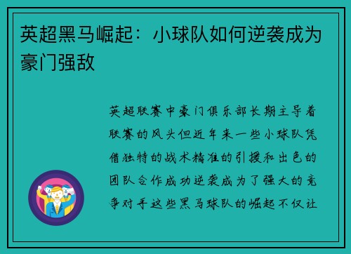英超黑马崛起：小球队如何逆袭成为豪门强敌