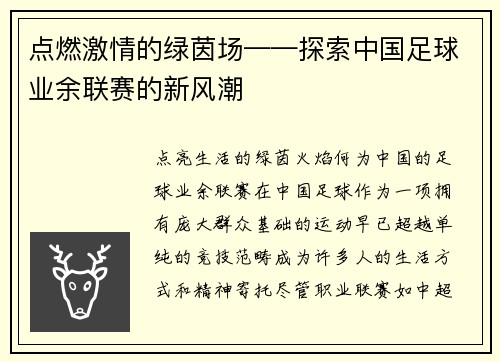 点燃激情的绿茵场——探索中国足球业余联赛的新风潮