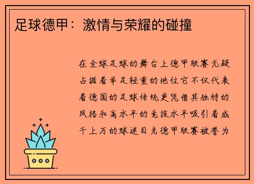足球德甲：激情与荣耀的碰撞